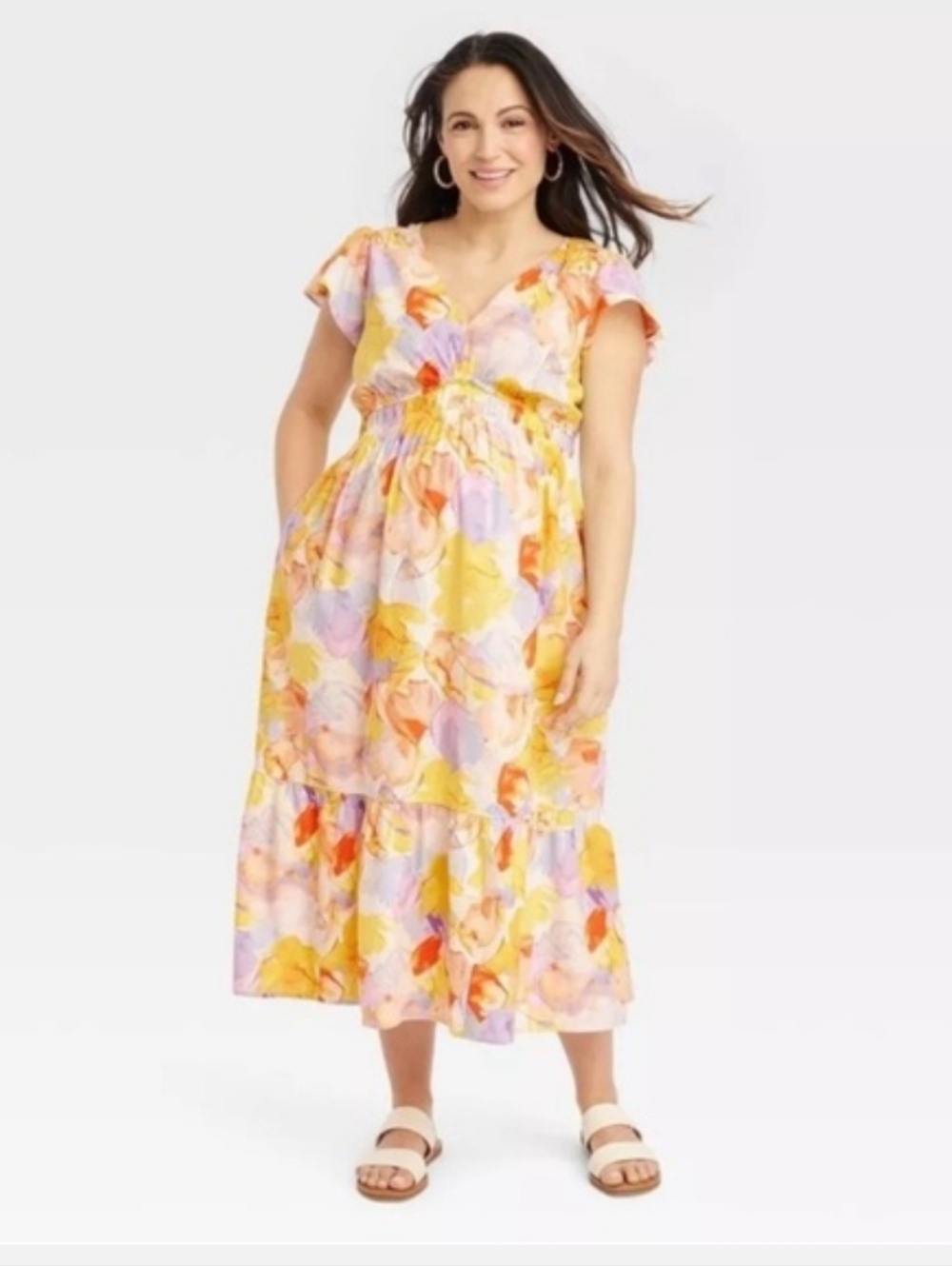 ISABEL MATERNITY Womens Yellow Floral V-neck Ruffled Dress Size Small